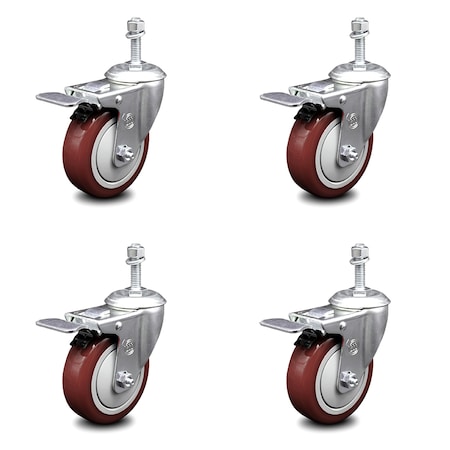 Service Caster 4 Inch Maroon Polyurethane Swivel 10mm Stem Caster Set with Total Lock Brake SCC-TSTTL20S414-PPUB-MRN-M1015-4